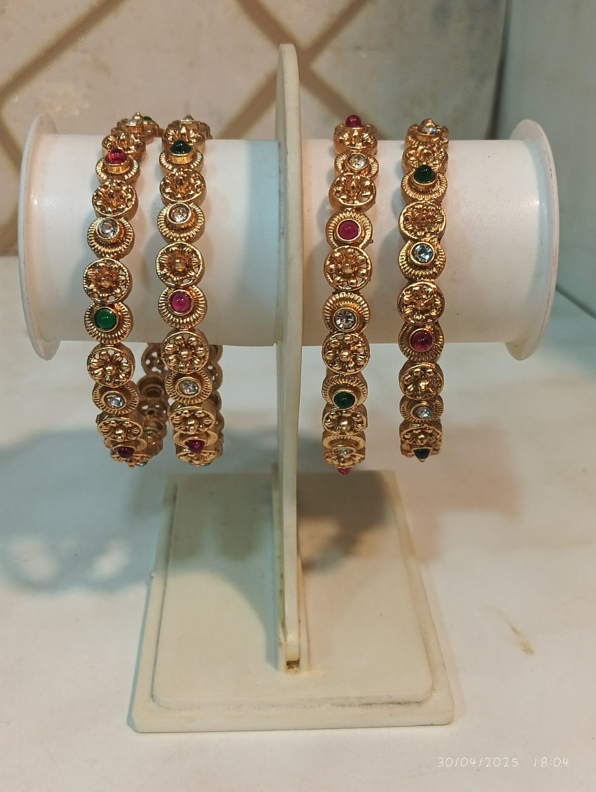 Bangle Golden & White,Pink, Green Stone Work 