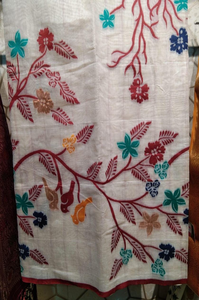 Sari White,Maroon,Blue & Green Work 