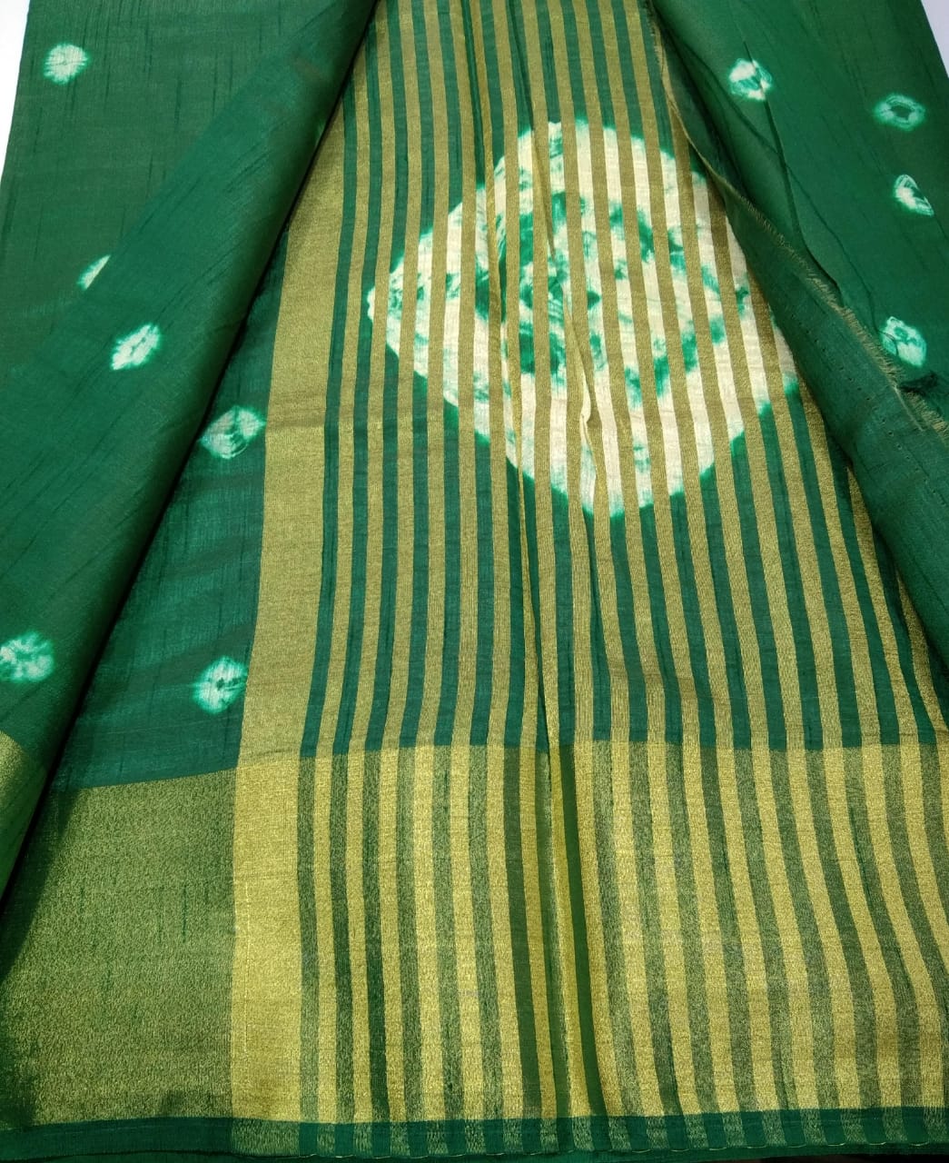 Sari Batik Print Green & Golden Zari Work 