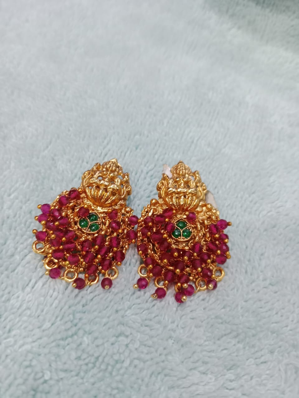 Earrings golden laxmi&red stone 16