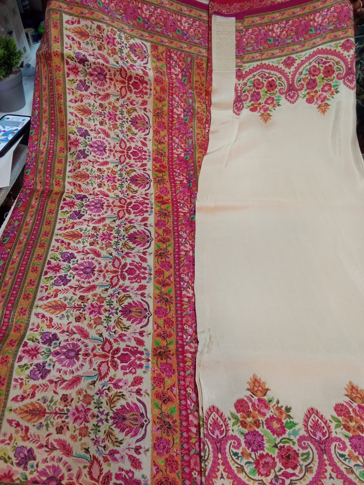 Sari Karni Silk Cream, Pink & Green Design 6(3.12.25)