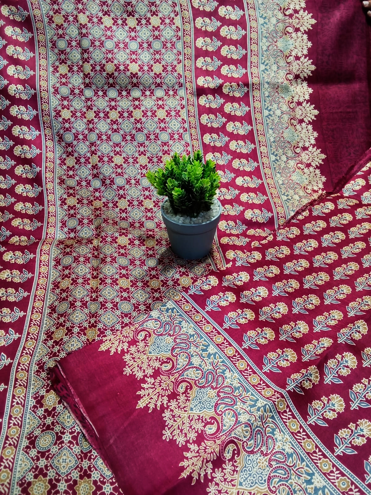 Sari Ajrak Print Pure Silk Maroon & Cream Colour 11(26.07.25)